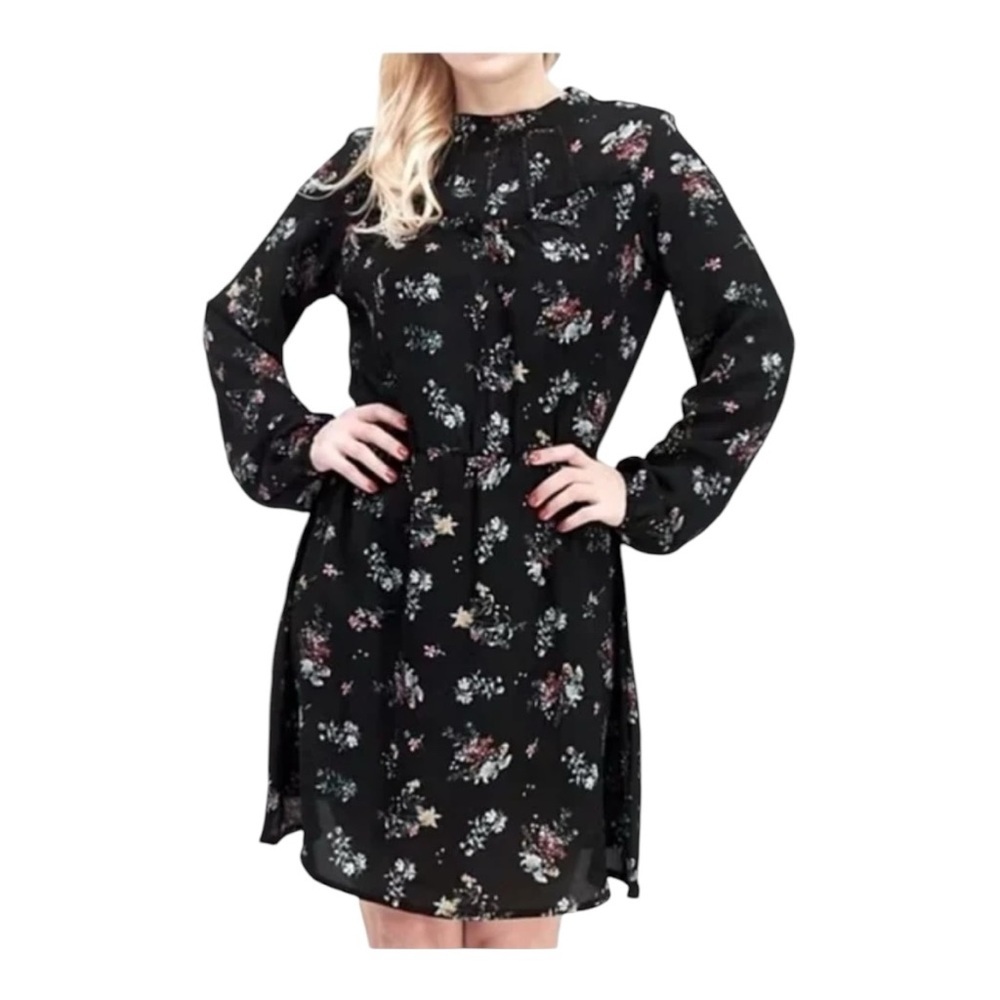 Brave Soul Black Floral High Neck Long Sleeves Printed Mini Dress